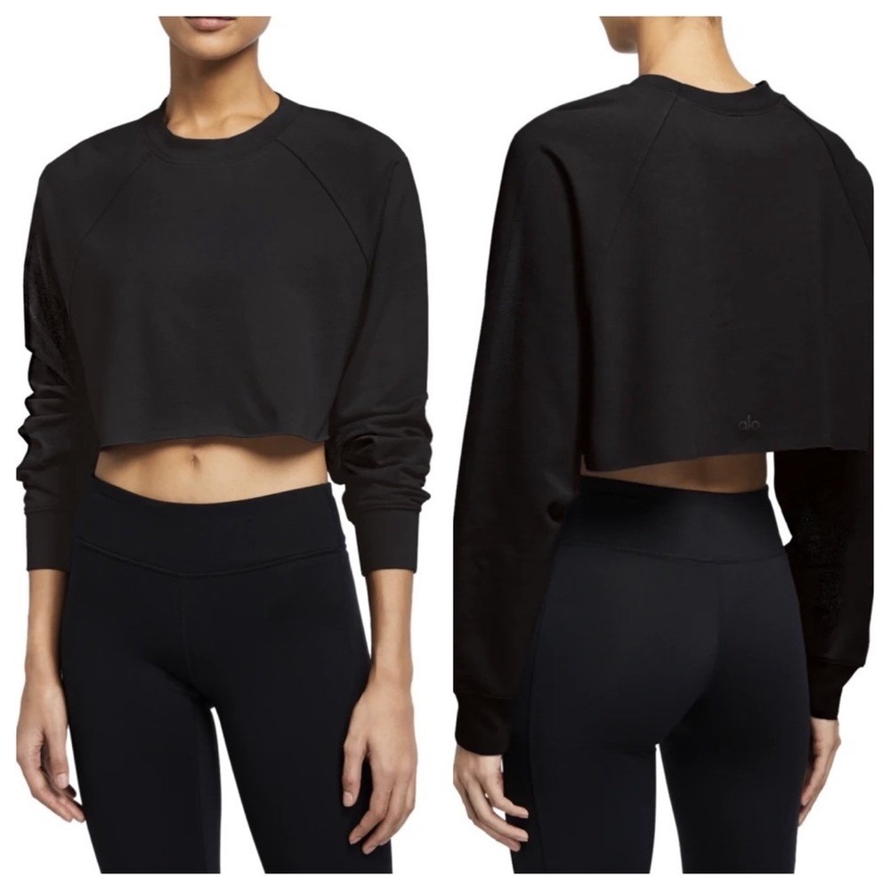 Alo Yoga Double Take Pullover Black Ultra Cropped Sweatshirt XS Raglan Sleeves